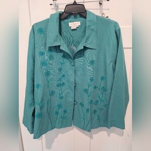 Great Cavalier 100% Silk Embroidered Blouse Jacket Size 2X Teal Floral Button Fr